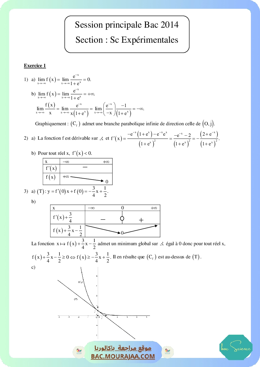 Corrigé principale math Bac 2014 – Section science